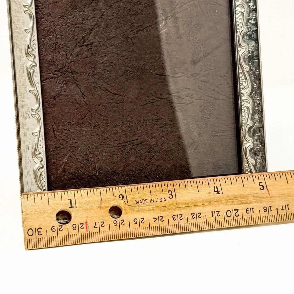 Vintage MCM Ornate Silver Tone Metal 5x7 Photo Frame Footed Easel Back